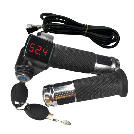 1 Pair EBike Throttle Grip Universal Electric Bicycle Throttle Grip with LCD Battery Voltage Display Key Knock 12V-84V E-Bike Throttle Handle Grips Twist Throttle Grip Fit for 22mm Bar(Sliver)